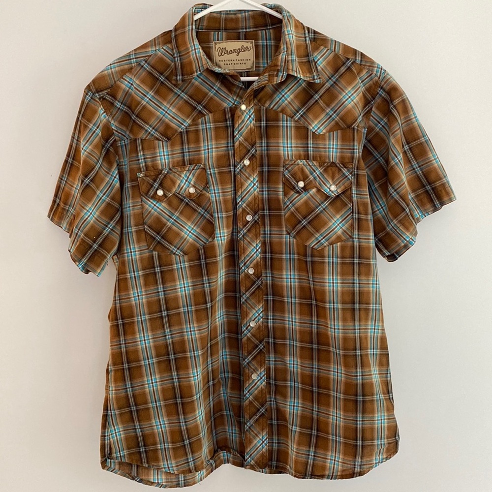 Wrangler Western Men’s Sz Large Plaid Pearl Snap Button Up Shirt Brown Blue